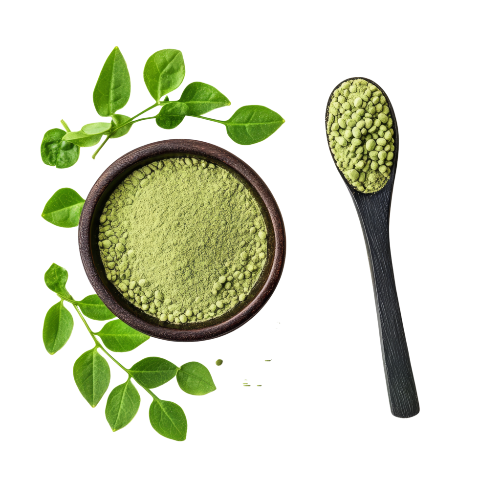 Discovering the nutritional benefits of moringa isolate powder with fresh leaves on a transparent background, Moringa isolated on transparent background png