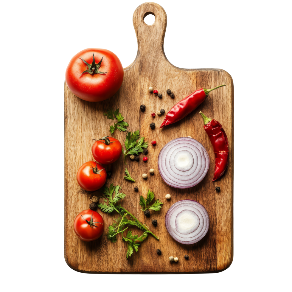 Fresh vegetables and spices on a rustic wooden cutting board ready for meal preparation, Isolated wooden cutting board png
