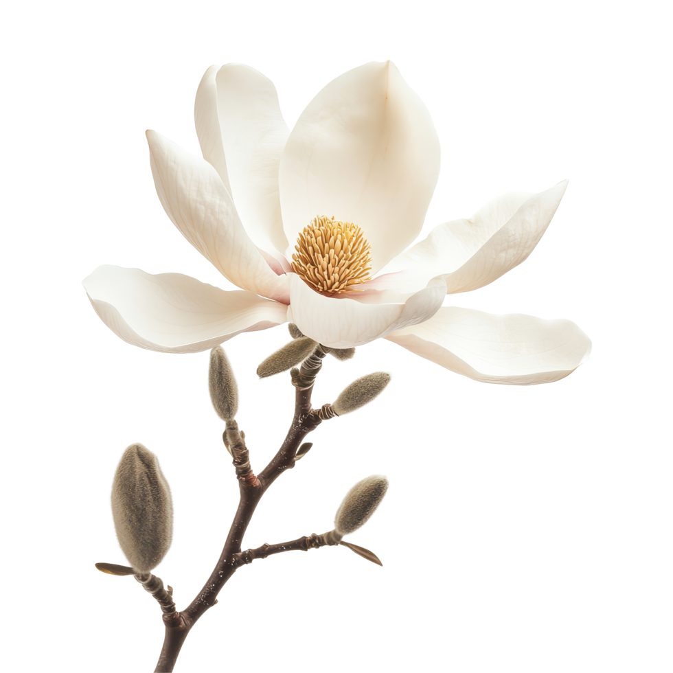 A delicate magnolia flower on a stem with buds captured against a clean transparent background, one magnolia flowerfile of isolated object on transparent background png