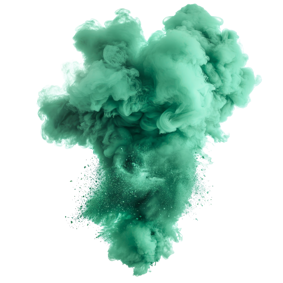 Dynamic green paint splash explosion creating a vivid smoke cloud on a clear background, green paint splash explosion smoke cloud isolated on transparent background png