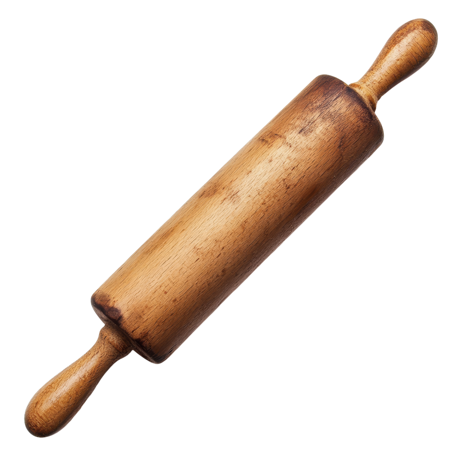 Wooden rolling pin resting on a transparent surface, perfect for baking and cooking activities in any kitchen, Wooden rolling pin isolated png
