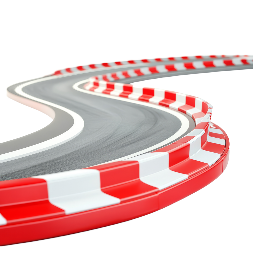 Curving race track lined with red and transparent barriers invites excitement for racers and spectators at a vibrant motorsport, Curving Race Track with Red and transparent Barriers, Isolated on png