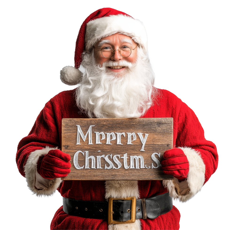 Jolly Santa Claus joyfully holding a Merry Christmas sign in a festive atmosphere, Jolly Santa Claus Holding Merry Christmas Sign on transparent background png