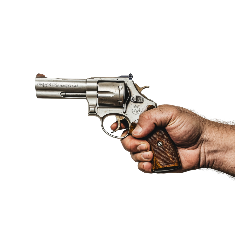 A hand gripping a revolver firmly against a plain transparent background, emphasizing gun control and safety awareness, Hand Holding Revolver on transparent background png