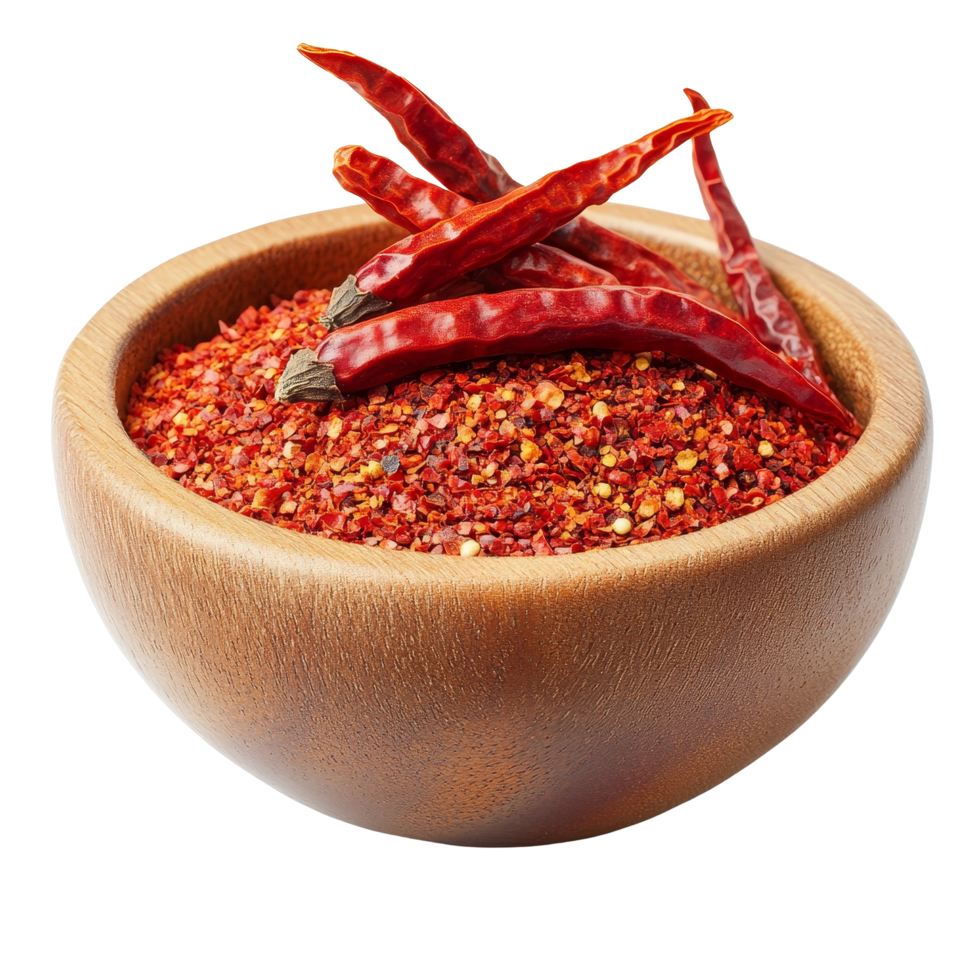 Cayenne pepper flakes and dried pods displayed in a rustic wood bowl on a clean transparent background, Cayenne pepper in wood bowl on transparent background png