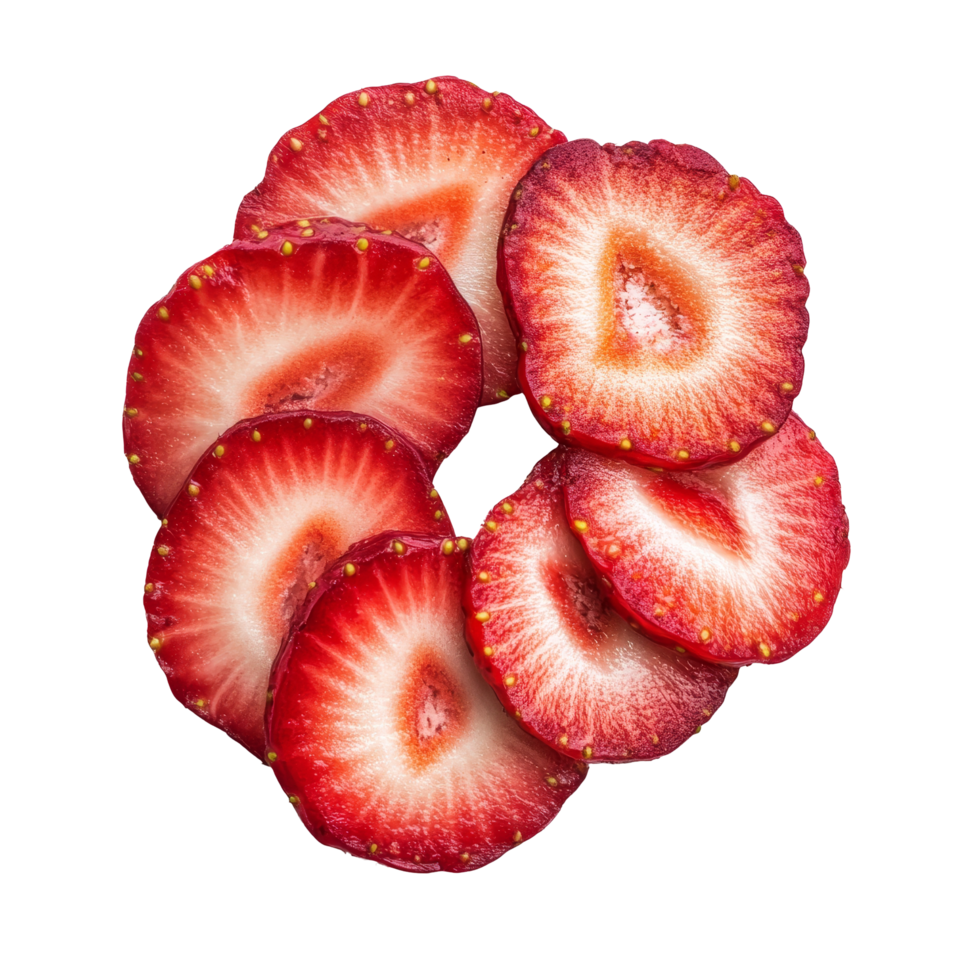 Fresh strawberry slices beautifully arranged on a transparent background for a vibrant and healthy display, Strawberry slices isolated on transparent background png