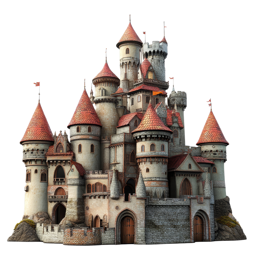 A stunning medieval castle with intricate towers and red roofs set against a blue sky, capturing a fairy tale atmosphere, Fairy Tale Castles, Fantasy Medieval Architecture Isolated on transparent png