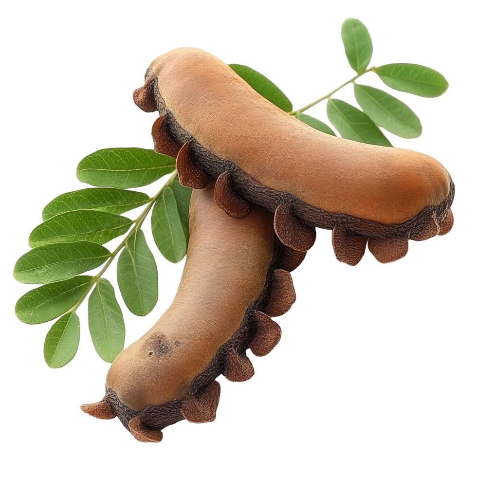 Ripe tamarind pods with fresh leaves isolated against a transparent background for culinary and health uses, ripe tamarind with leaf isolated on transparent background png