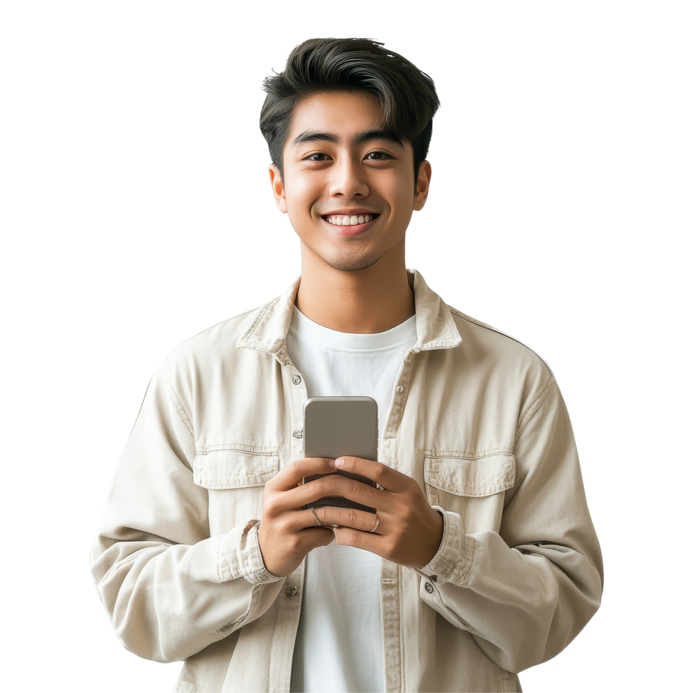 Attractive young Asian man smiling while using a mobile device indoors during daytime, Attractive young smart Asian man using mobile smart phone transparent background png