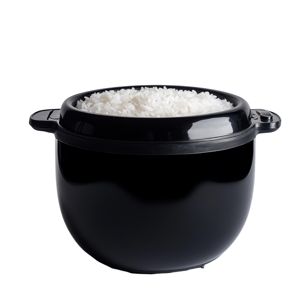 A black rice cooker filled with fluffy transparent rice on a minimalist transparent background, Rice cooker in a black bowl on transparent background png