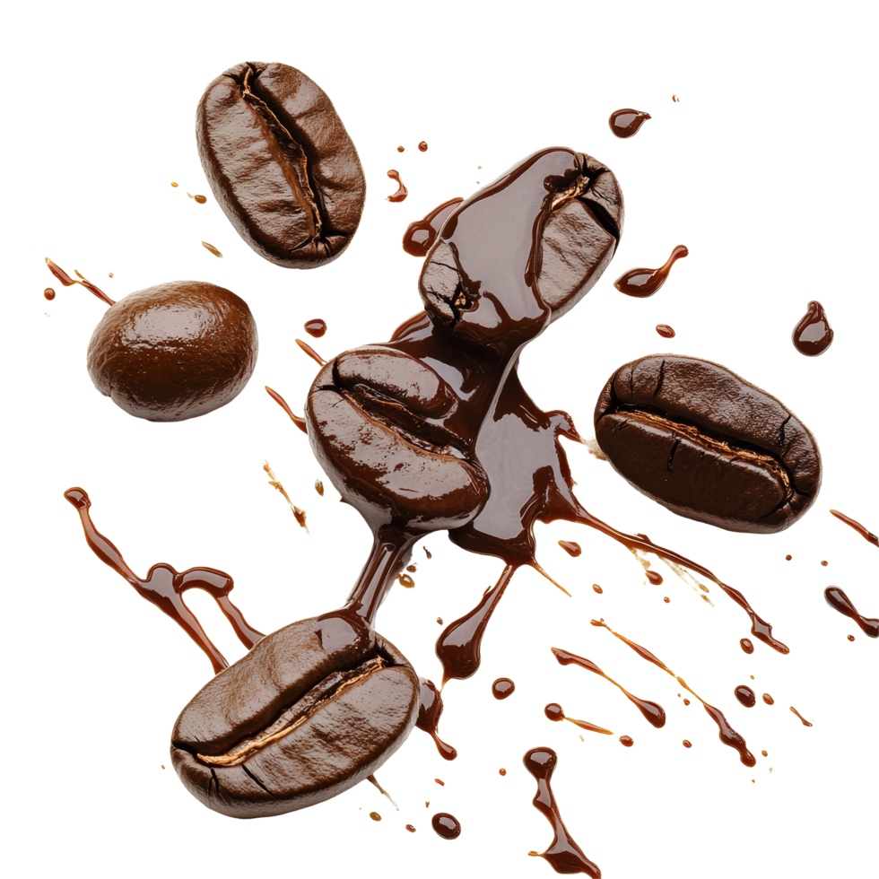 Spilled coffee beans creating an artistic splash on a transparent surface with rich brown tones, Spilled coffee beans isolated png