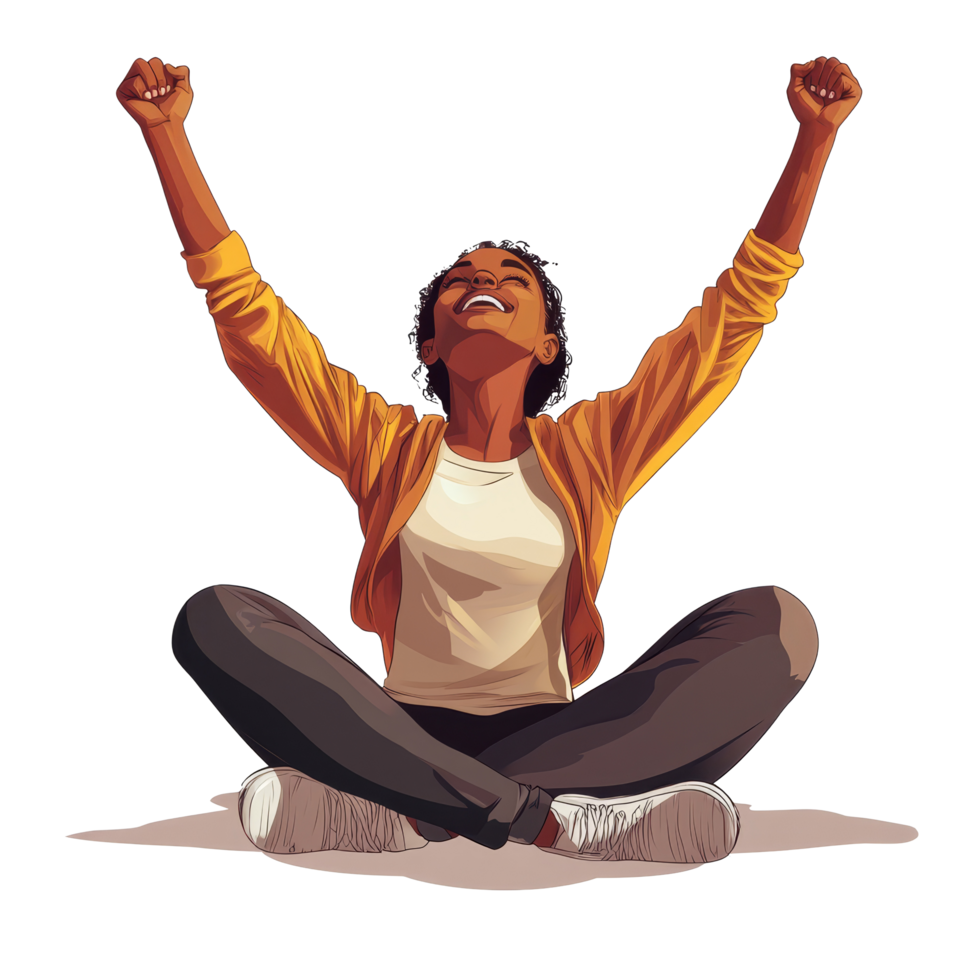 Happy woman celebrating with raised arms while sitting on the floor in casual clothing, file no background Woman sitting and celebrating with raised arms png