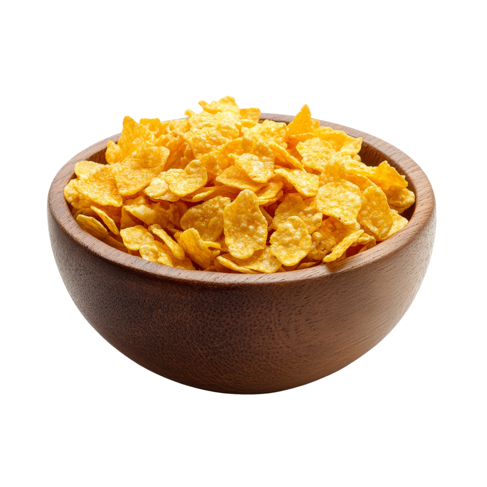 A bowl of crunchy corn flakes placed on a clean transparent background showcasing natural breakfast options, corn flakes in wood bowl isolated on transparent background png