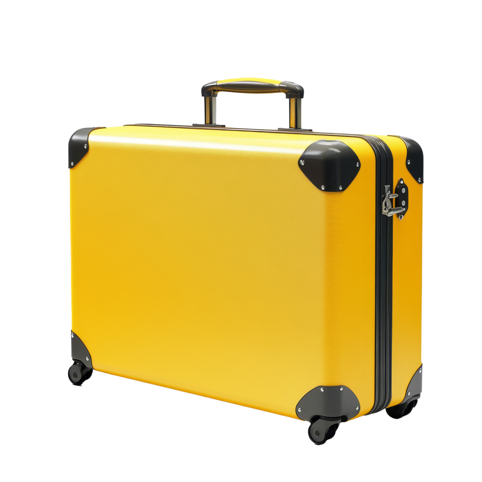 Bright yellow travel suitcase with sturdy wheels, perfect for vacation or business trips, big yellow travel suitcase, file of isolated object with shadow on transparent background png