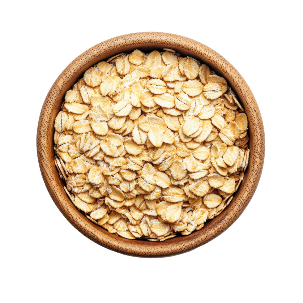 A bowl of oat flakes on a transparent background ready for breakfast or baking, Oat flakes in bowl on transparent background png