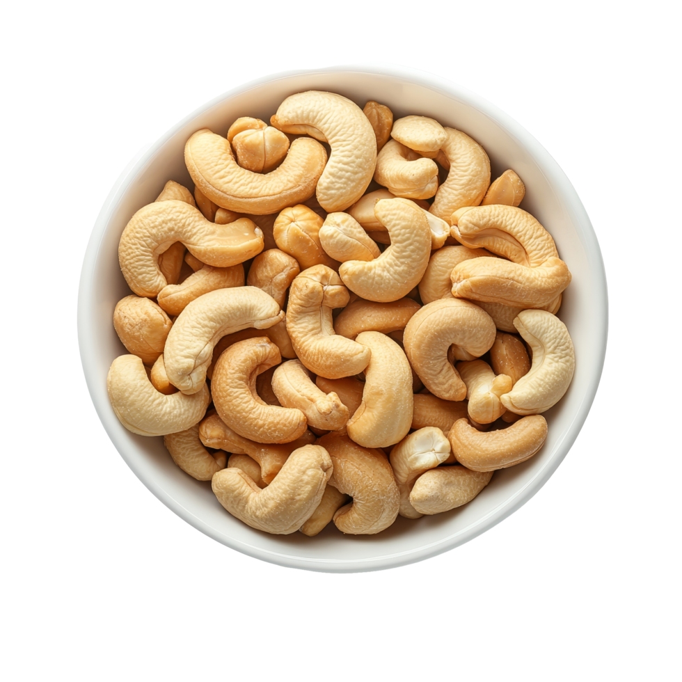 Fresh cashews in a bowl on a transparent background, perfect for snacking or cooking any time of the day, Fresh cashews in a bowl on a transparent background png