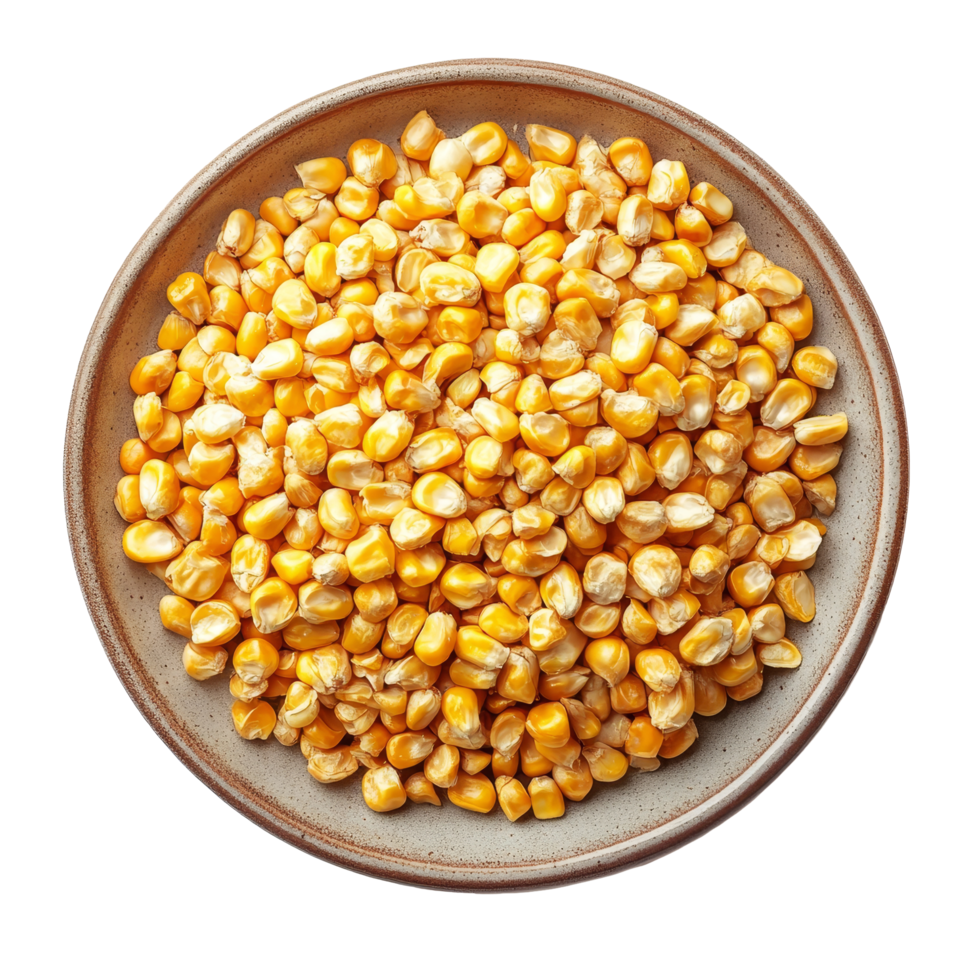 Corn seeds arranged neatly in a brown plate on a clean transparent background showcasing their vibrant yellow color and texture, corn seeds in a plate on transparent background png