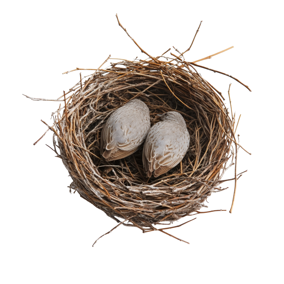 Nest with two birds resting in a delicate design on a clean transparent background, Birds nest on a transparent background png
