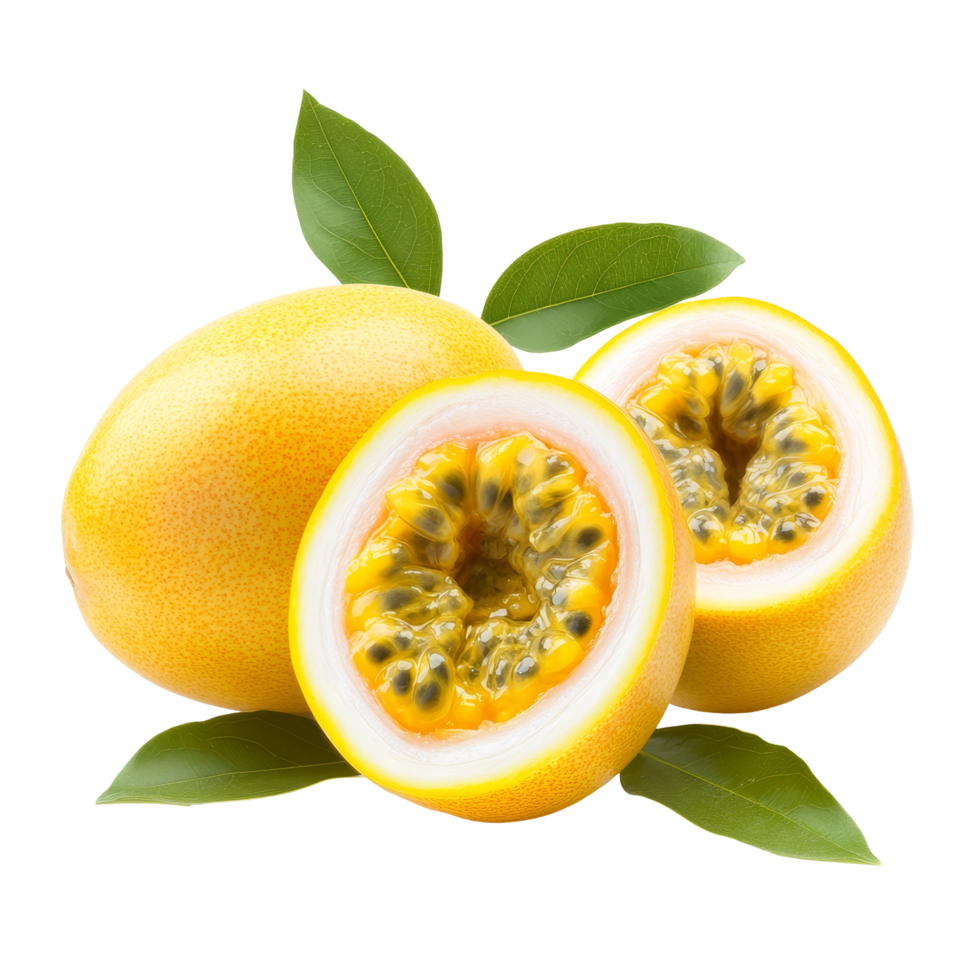 Yellow passion fruit cut in half with vibrant pulp and green leaf on a transparent background captured in daylight, yellow passion fruit with leaf on transparent background png
