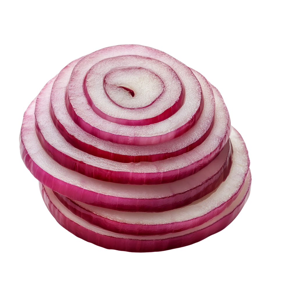 Freshly sliced red onion rounds on a clean transparent background ready for culinary use or garnishing dishes, Red sliced onion isolated on transparent background png