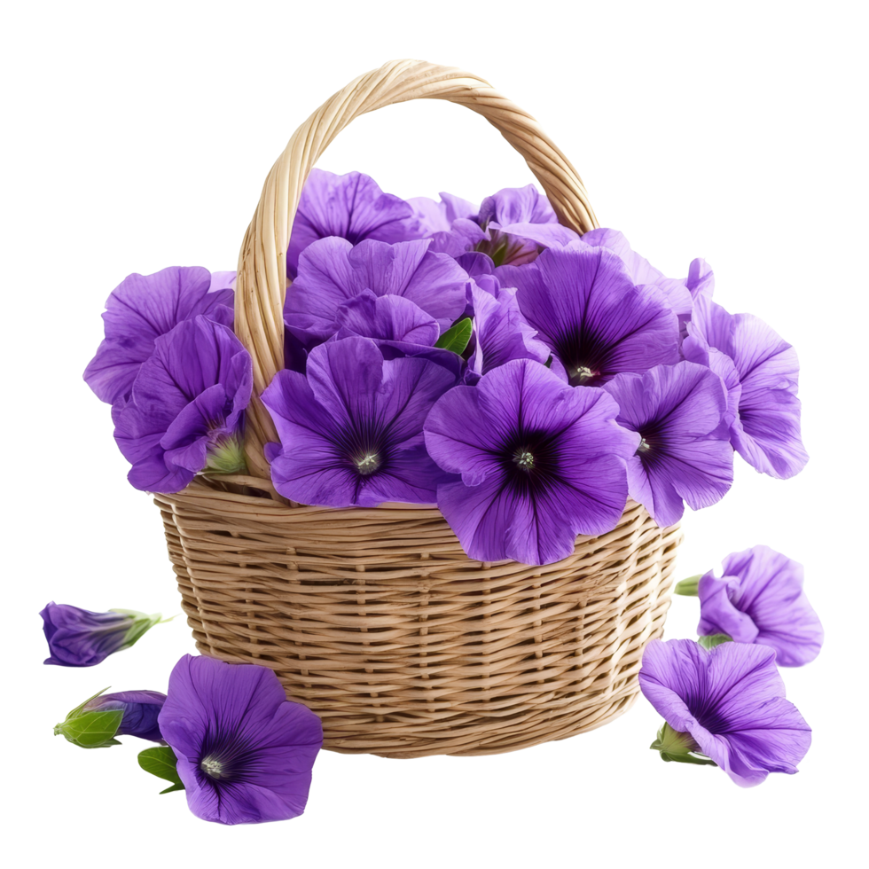 Purple petunias arranged in a wicker basket on a clean transparent backdrop, perfect for spring decor and floral arrangements, Purple flowers in basket on transparent background png