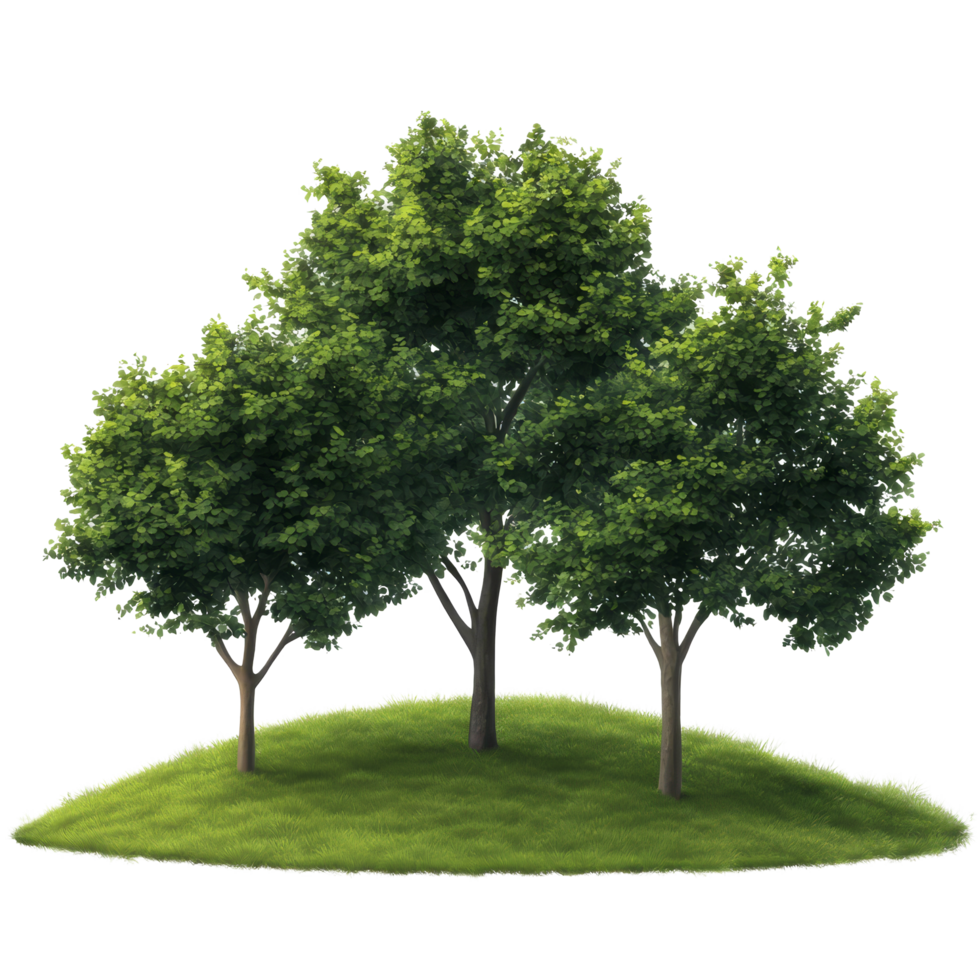 A cluster of green trees on a grassy mound set against a transparent background for versatile design use, green trees isolated on blank trasparent background, png