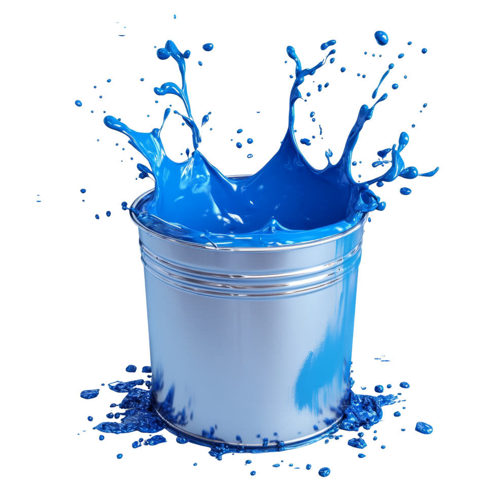 Vivid blue paint splashes dramatically from a silver bucket creating an artistic display, blue paint splashing from silver shiny paint bucket on transparent background png