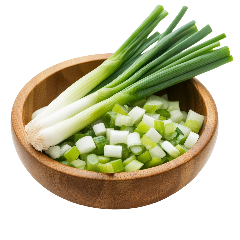 Sliced green onions in wooden bowl on a transparent background ready for culinary use, Slice green onions in wood bowl on transparent background png