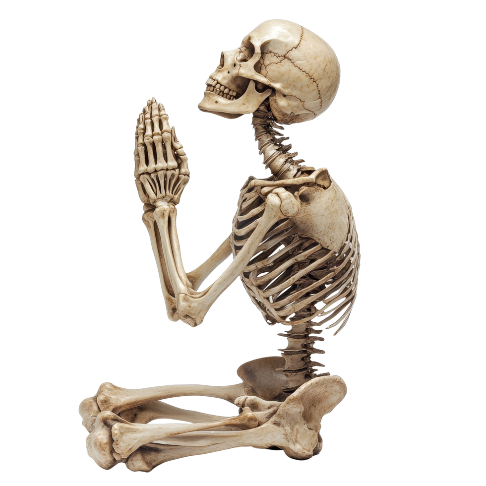 Skeleton in a prayer pose with hands clasped on a plain transparent background, Skeleton prayer isolated on transparent background. Skeletal human praying to lord png