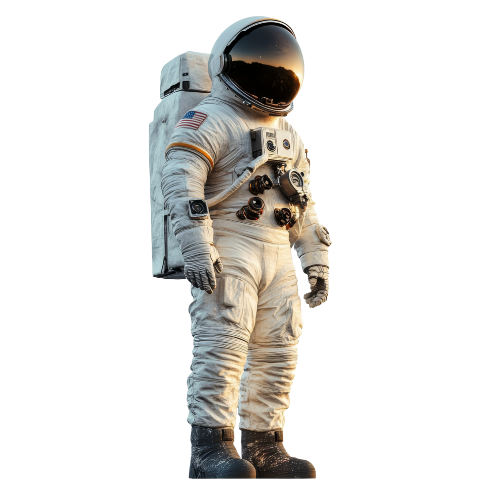 An isolated astronaut in a space suit stands on an unknown celestial surface under a clear sky, Space Explorer Isolated Astronaut in Suit isolated on transparent background png