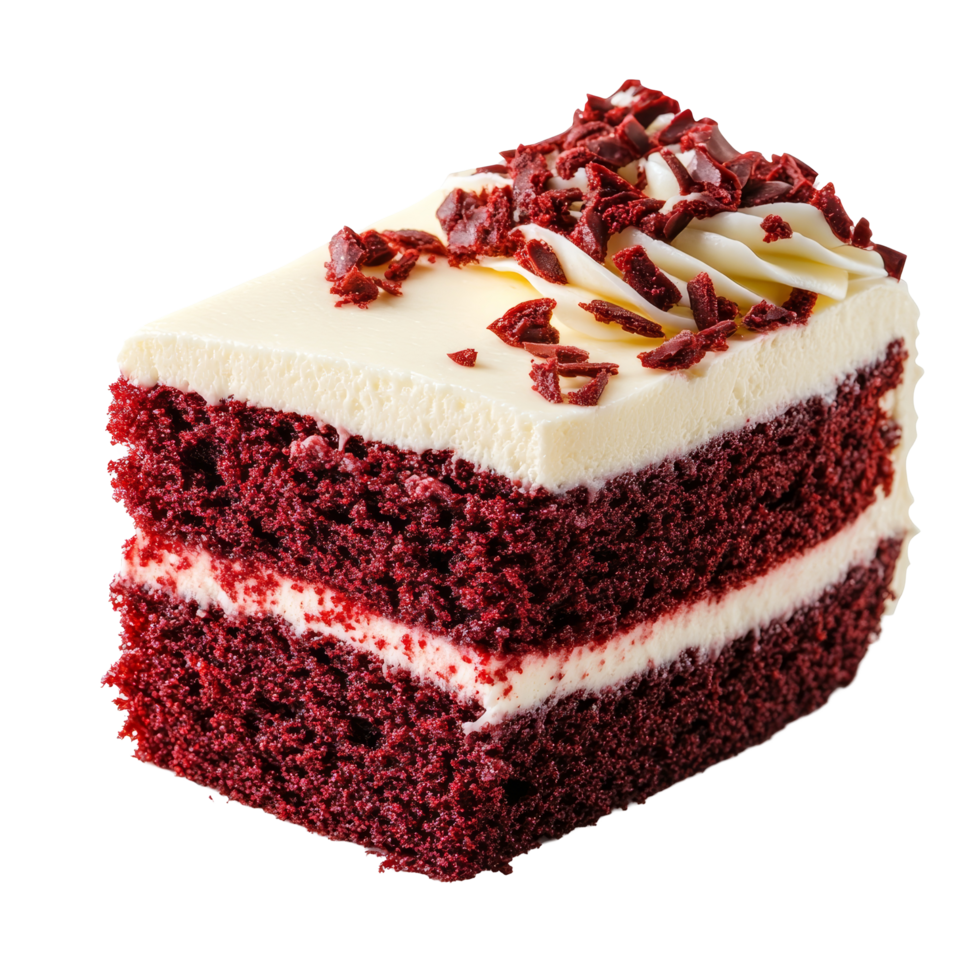A delectable slice of red velvet cake with cream cheese frosting on a pristine transparent background, Isolated Red Velvet Cake slice on a pure transparent background, with precision png