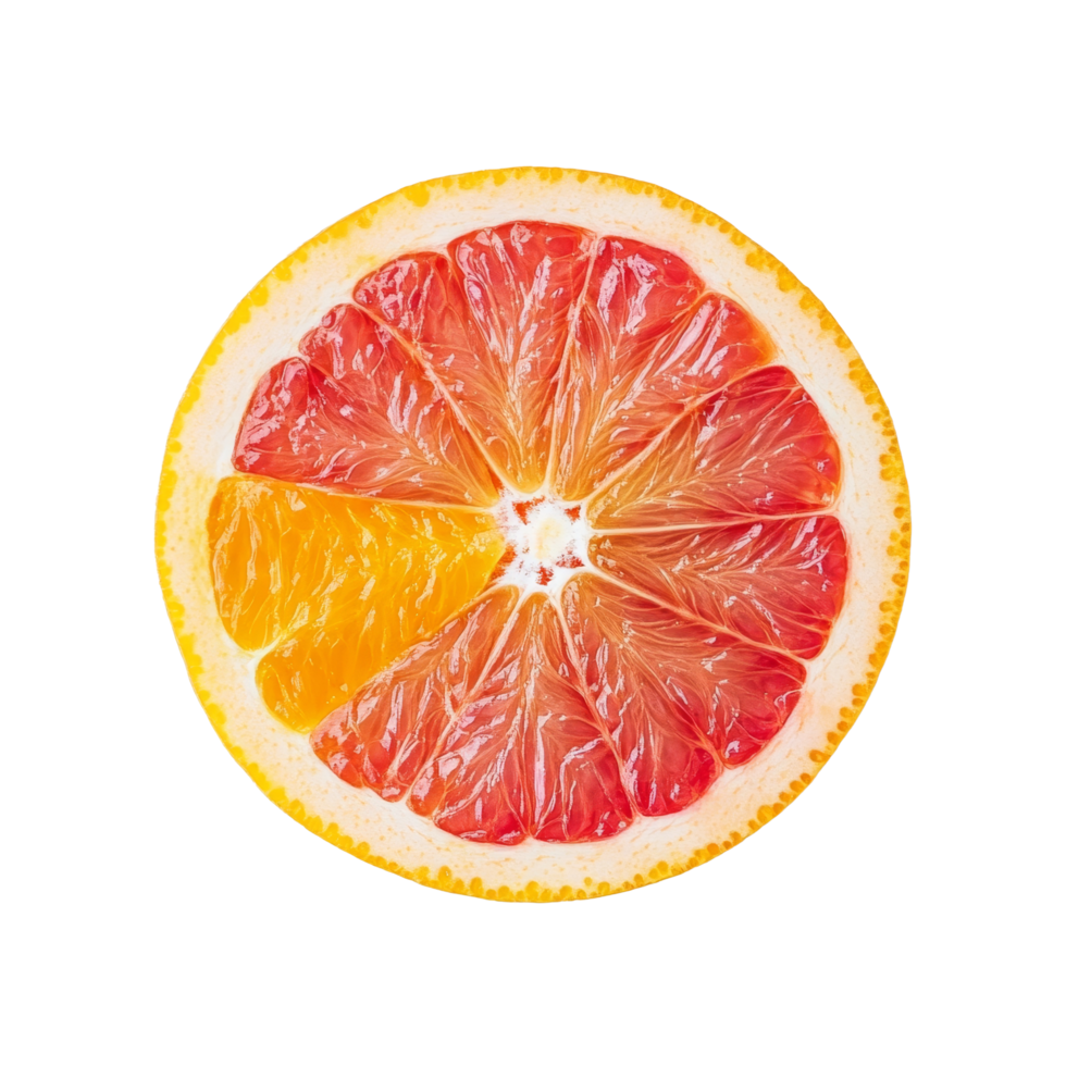 Vibrant half grapefruit and orange resting on a clean transparent background showcasing their juicy interior, half grapefruit and orange on transparent background png