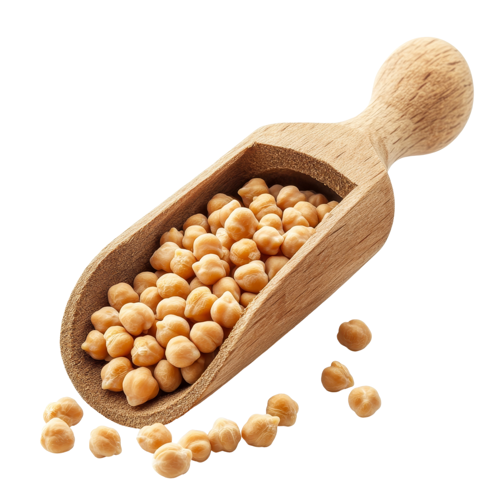 Chickpeas in a wooden scoop isolated on a transparent background featuring a natural tone, Chickpeas in wood scoop isolated on transparent background png