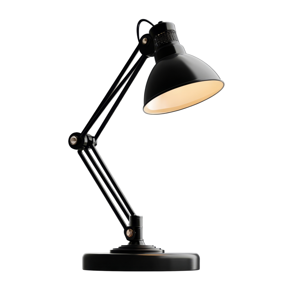 Black desk lamp with adjustable arm on a transparent background for modern workspace lighting, black desk lamp isolated on transparent backgroundfile png