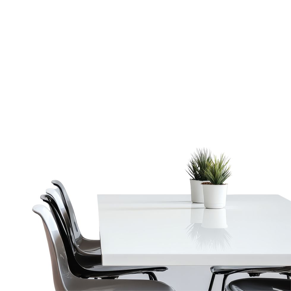 Modern minimalistic table setup with chairs and potted plant against a stark transparent background, table transparent background png