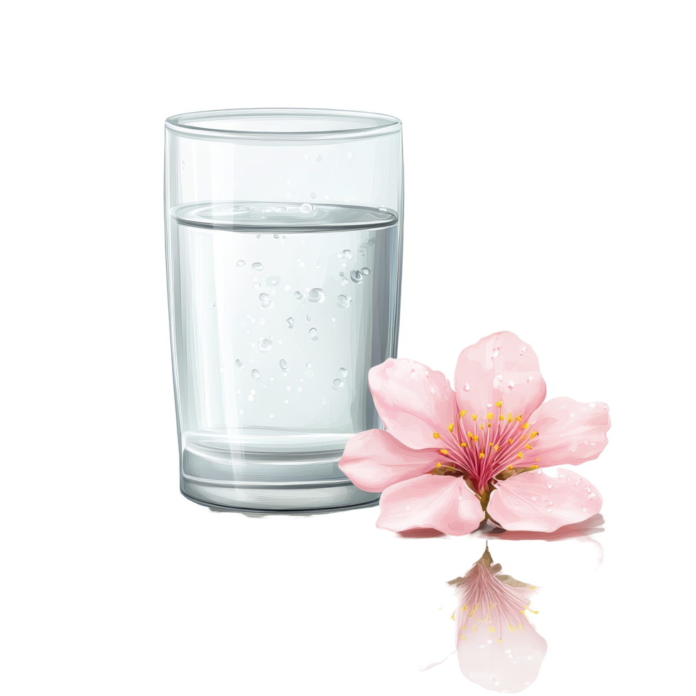 Delicate pink flower beside a transparent water glass on a reflective surface, flower and water glass on transparent background png