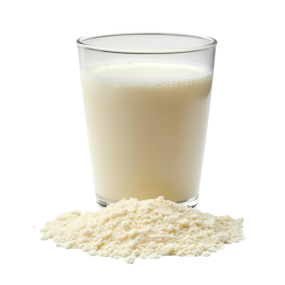 Granulated milk spilled next to a glass of liquid milk against a clean transparent background for culinary uses, Granulated milk on transparent background png