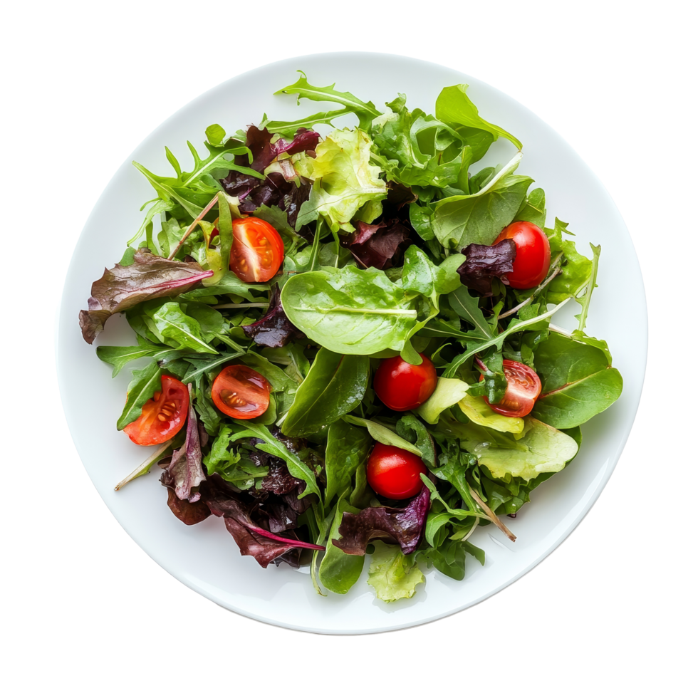 Fresh garden salad with cherry tomatoes on a transparent plate viewed from above, perfect for a healthy meal, of plate of salad top view isolated on solid transparent background png