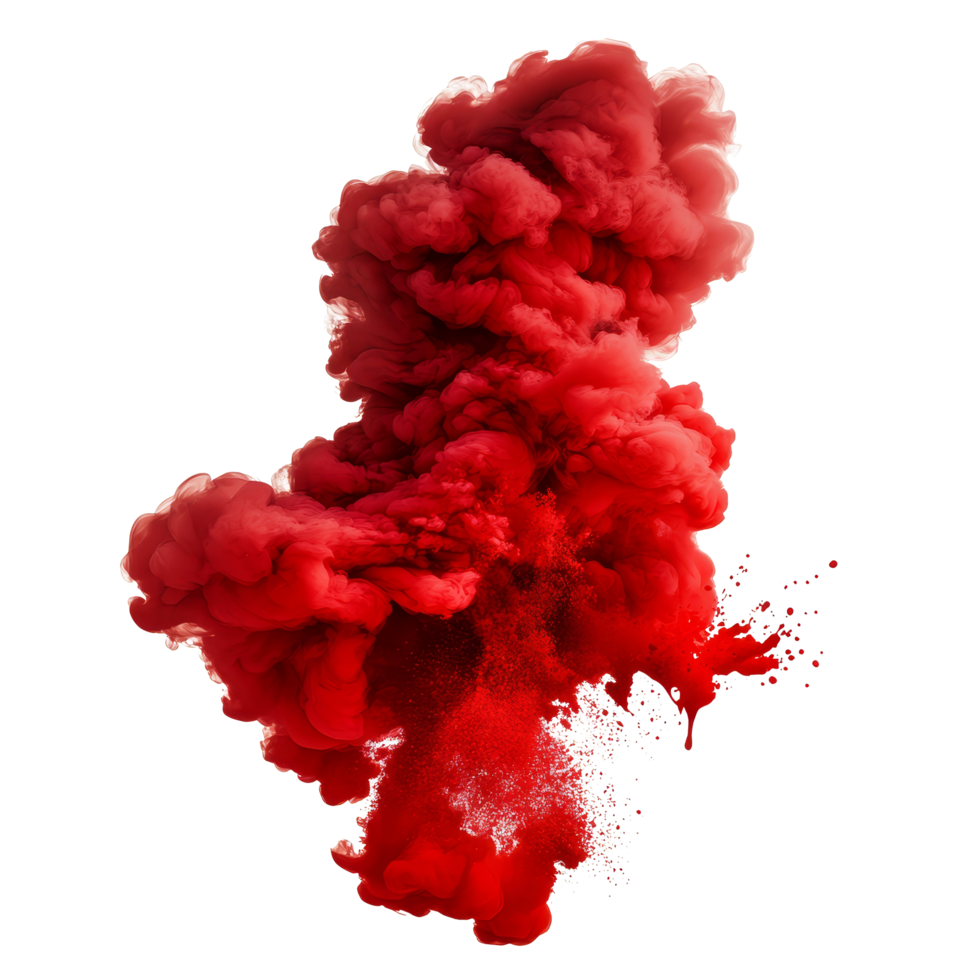 A vibrant red paint splash explosion creates an impressive smoke cloud on a transparent background, red paint splash explosion smoke cloud isolated on transparent background png
