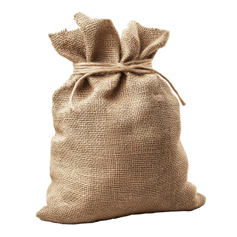 Burlap sack tied with string sitting alone on a transparent background for various uses and creative projects, Burlap Sack Isolated on transparent background png