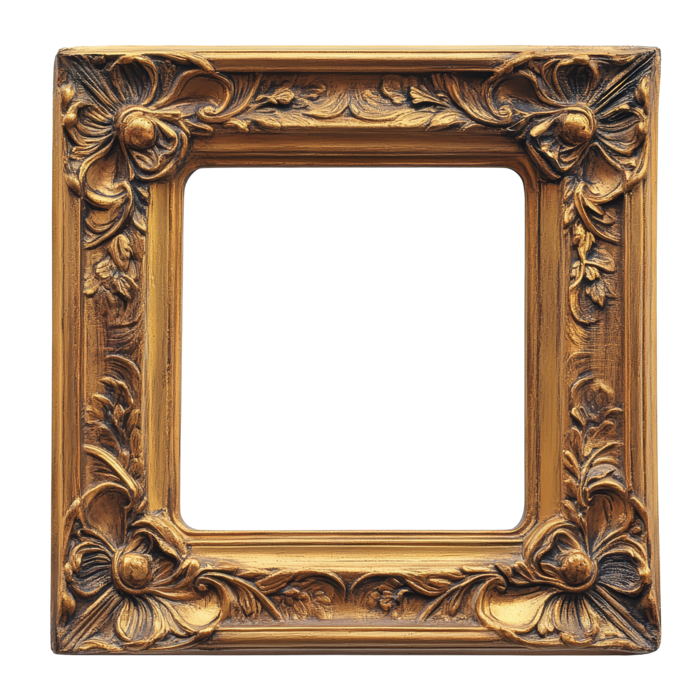 Ornate wooden painting frame isolated against a clean transparent background suitable for displaying artwork or photographs, Wooden painting frame isolated on transparent background png