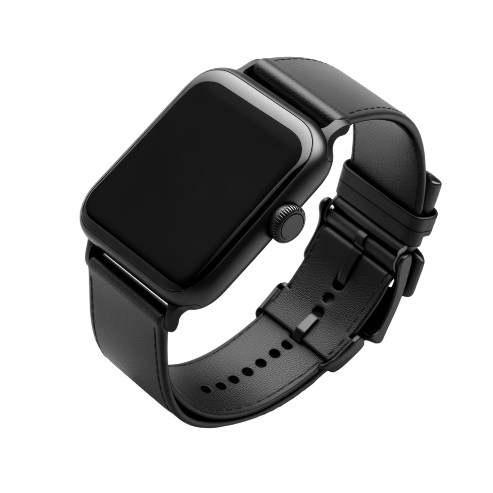 Mockup of a modern wrist smartwatch with a sleek black strap displayed on a clean transparent background, wrist smart watch mockup with black strap, file of isolated object with shadow on transparent png