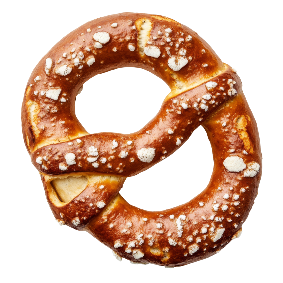 A delicious soft pretzel isolated on a transparent background showcasing its unique twisted shape and golden brown texture, single delicious pretzel top view isolated on transparent background or png