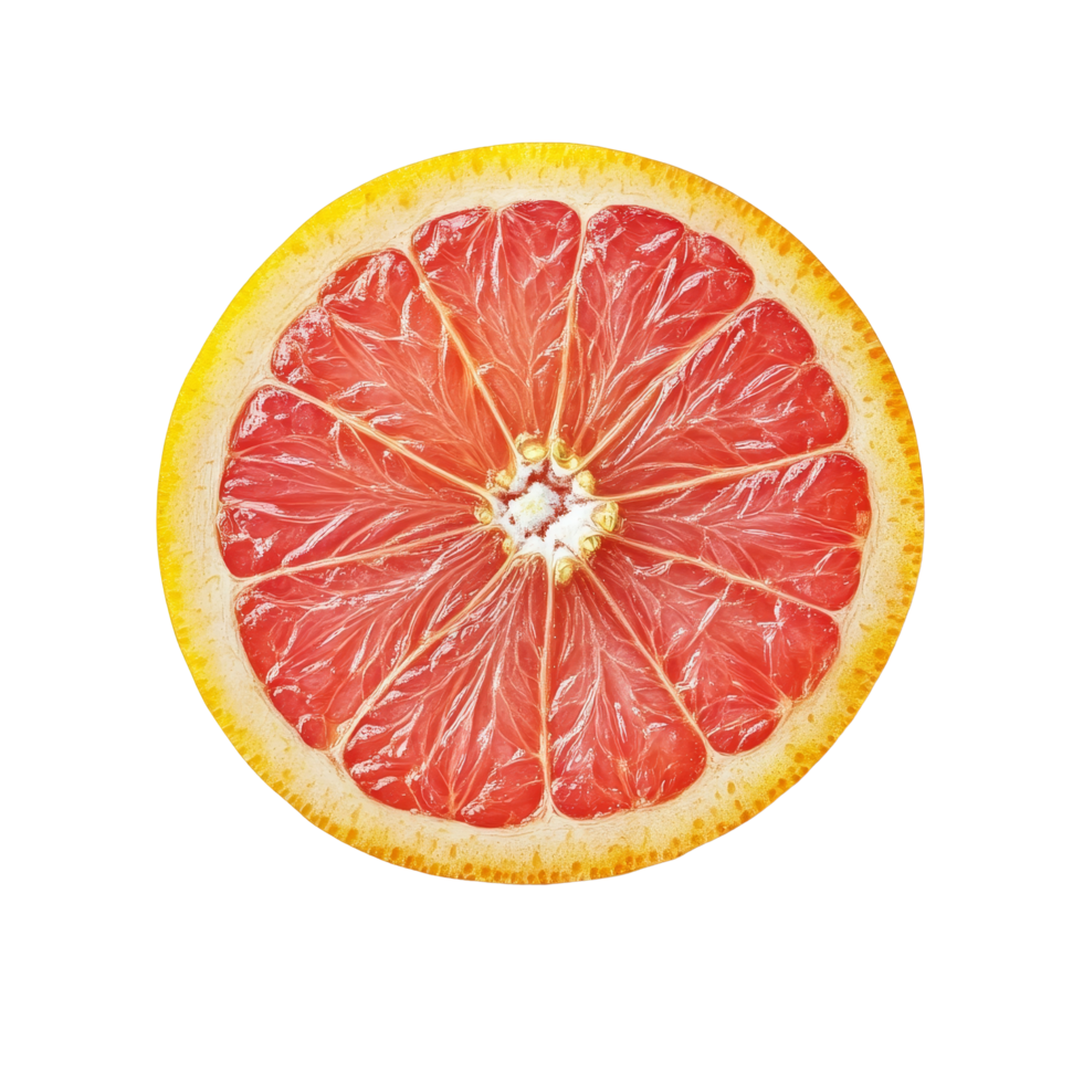Ripe half of pink grapefruit on a clean transparent background showcasing its juicy segments and vibrant color, Ripe half of pink grapefruit citrus fruit isolated on transparent background png