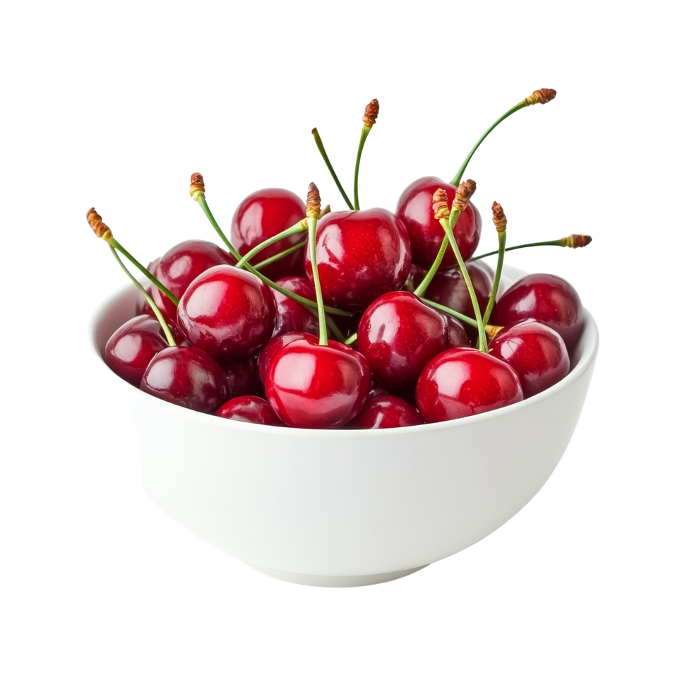 A bowl filled with fresh and vibrant cherries against a clean transparent background, a bowl filled with delicious cherries transparent background png