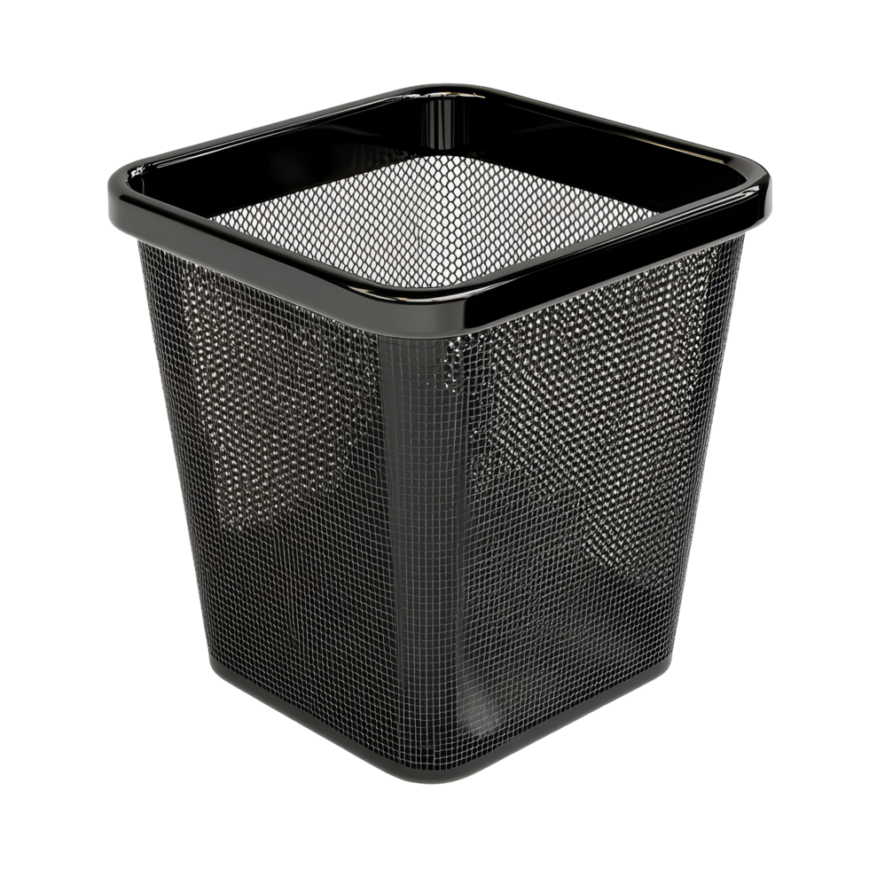 Black mesh trash can on transparent background, ideal for office or home use, black square mesh trash can isolated on transparent background png
