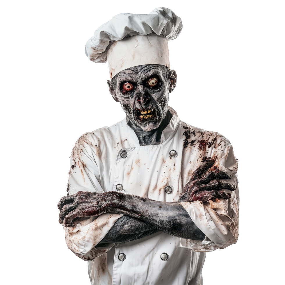 A spooky zombie chef looms menacingly, highlighting eerie details in chilling attire on a transparent background, Scary chef cook zombie isolated on transparent background png