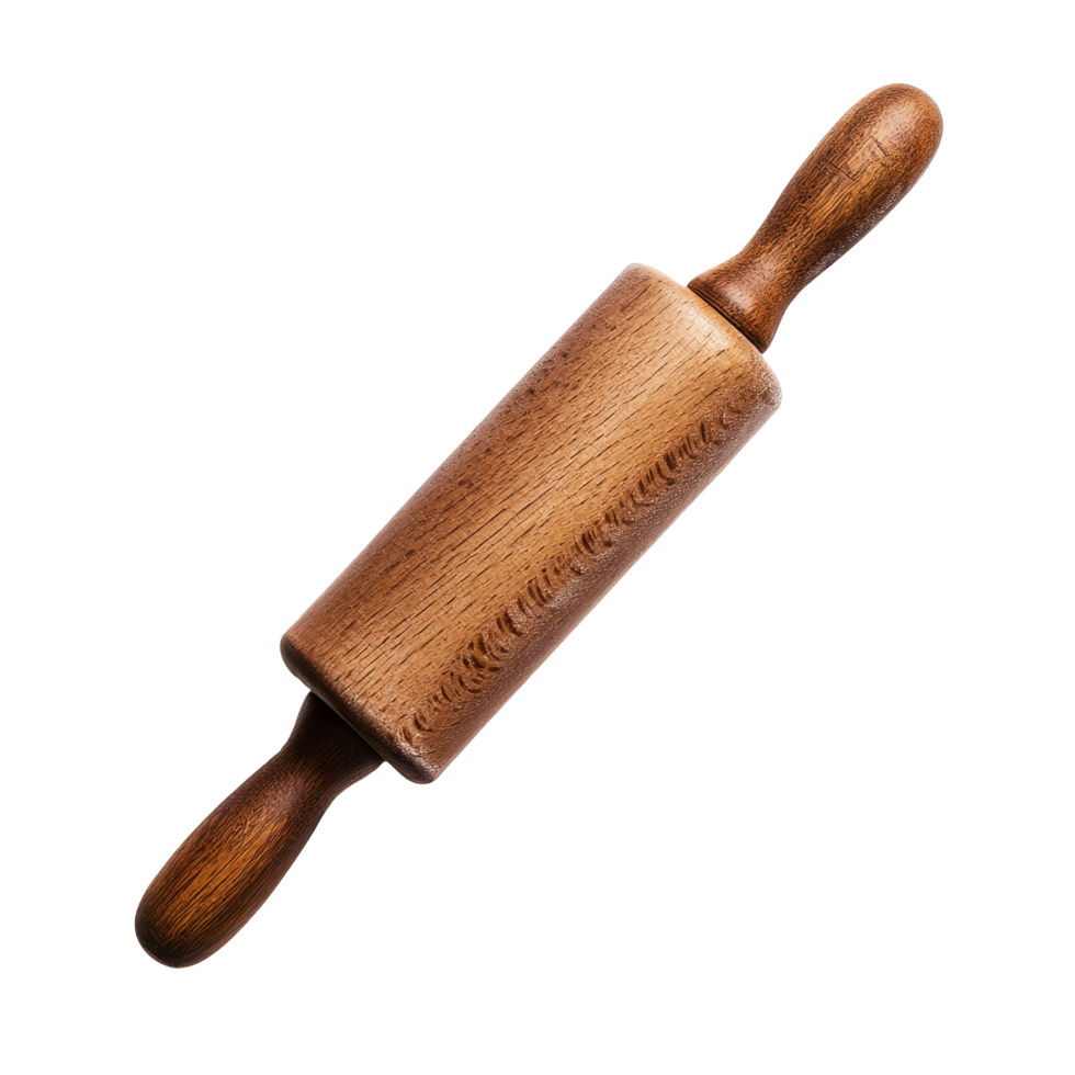 Wooden rolling pin resting on a transparent background, ready for baking, cooking, or pastry preparation, Wooden rolling pin isolated png