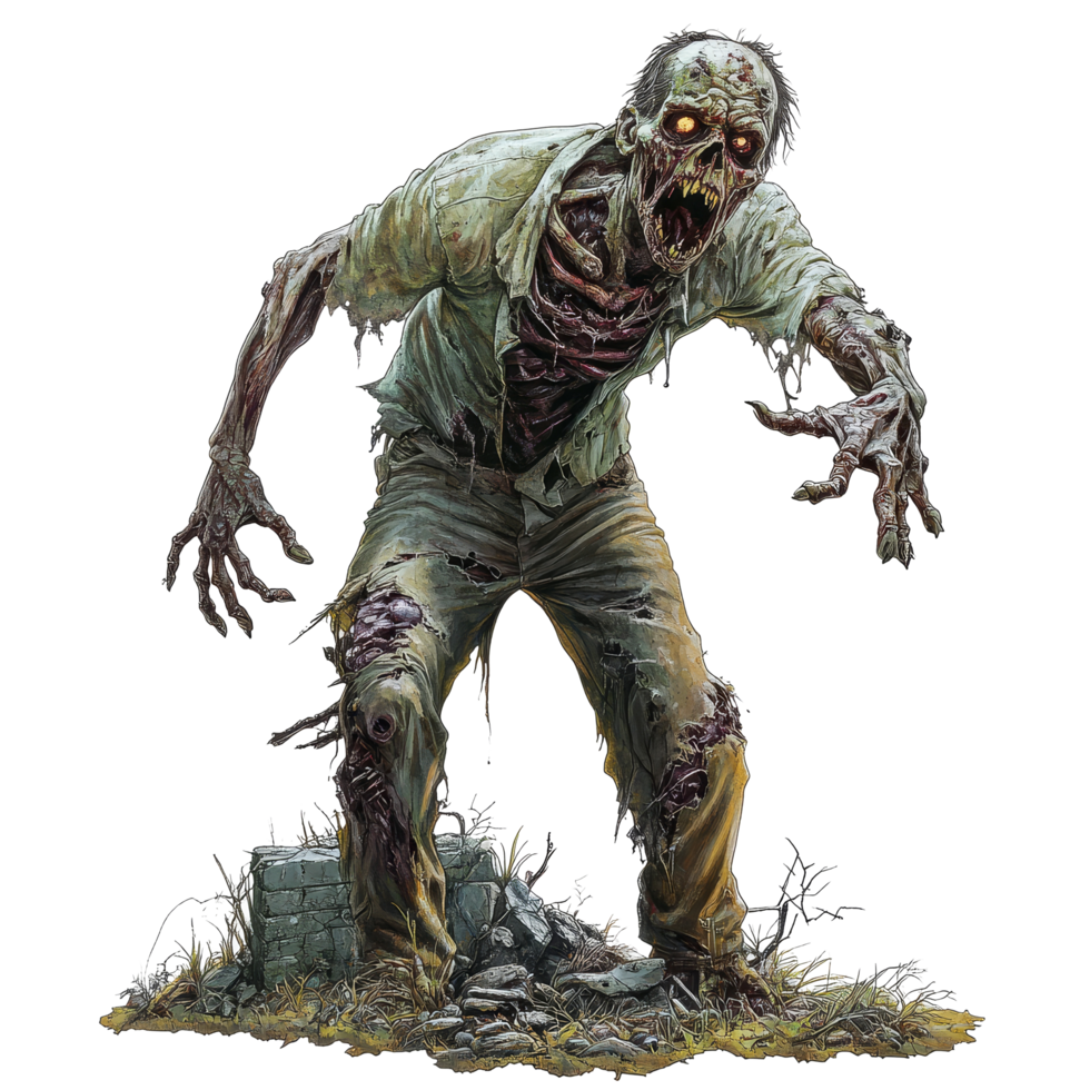A zombie emerges from the ground, with decaying features and tattered clothing, Zombie Rising from Grave on transparent background png