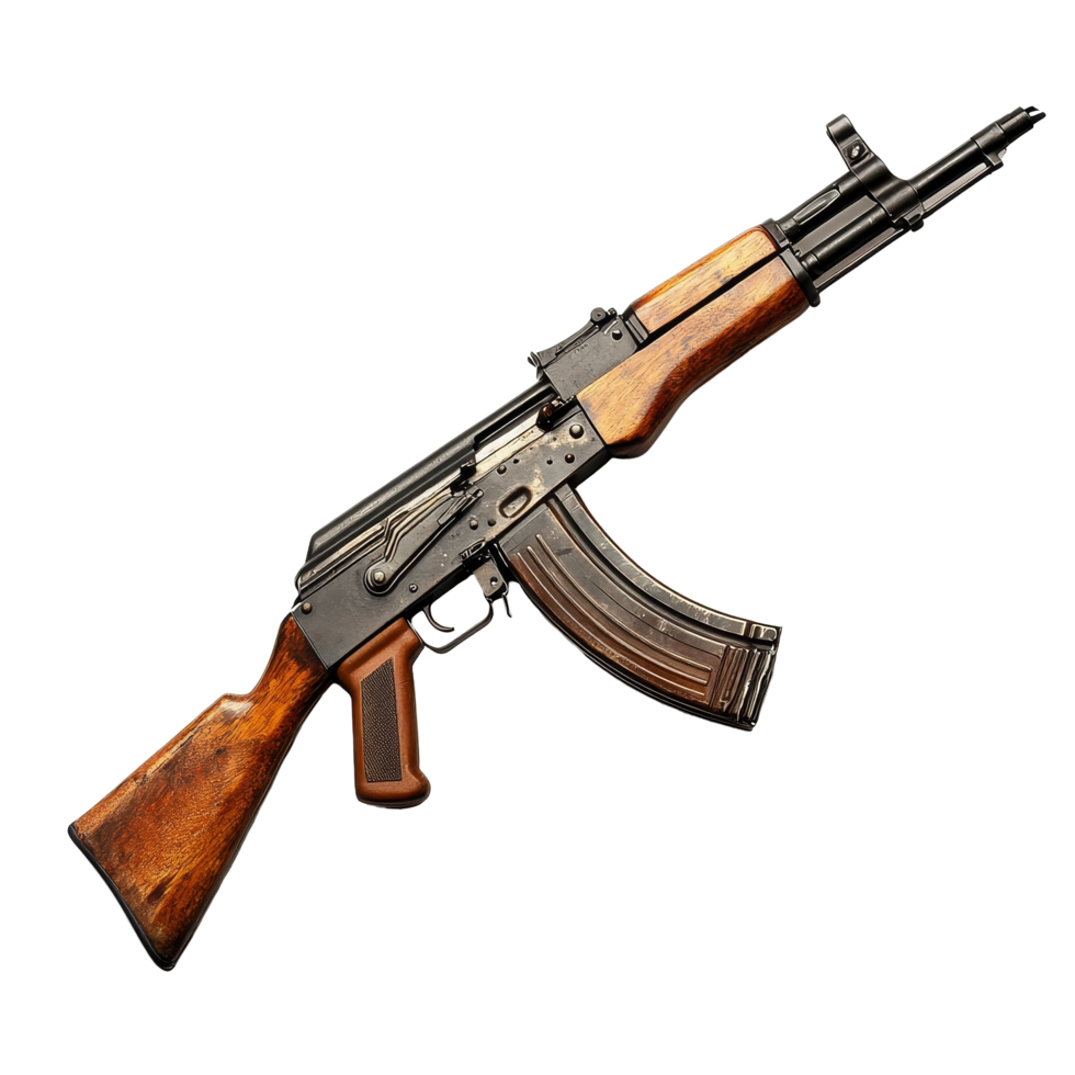 Detailed view of an assault rifle on a transparent background showcasing its design and features, AK47 Assault Rifle on transparent background png